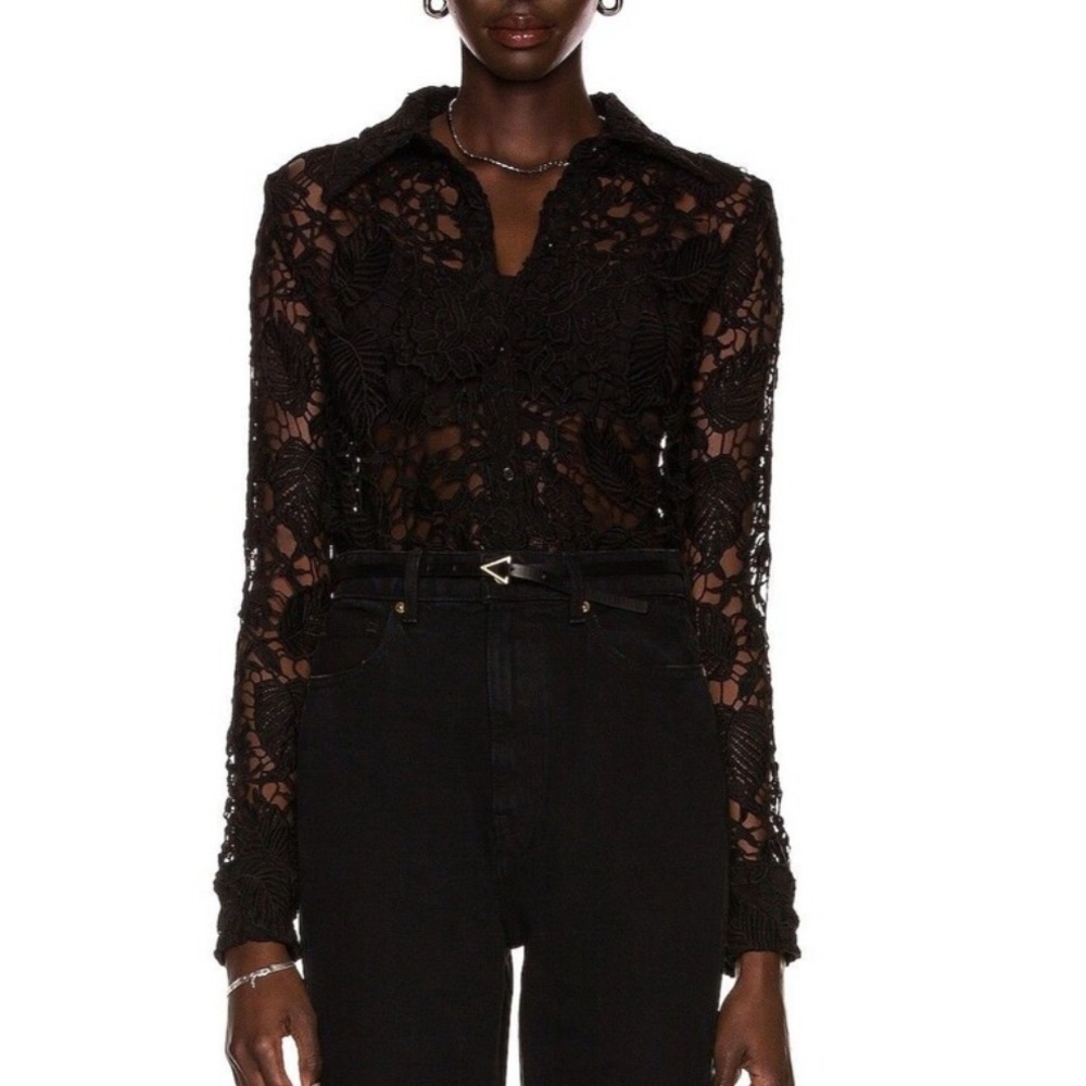 Nili Lotan Black Rive Lace Floral Button-Down Top